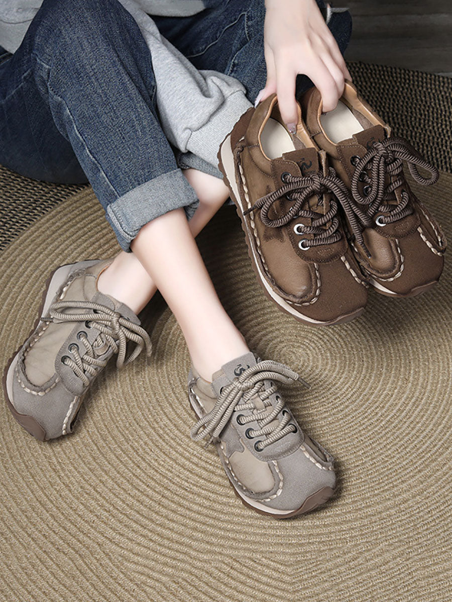 Retro Leather Colorblock Low Heel Sport Shoes