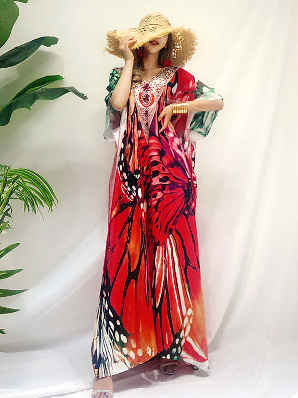 Butterfly Print V-Neck Embellished Short Sleeve Kaftan Maxi Dress 3