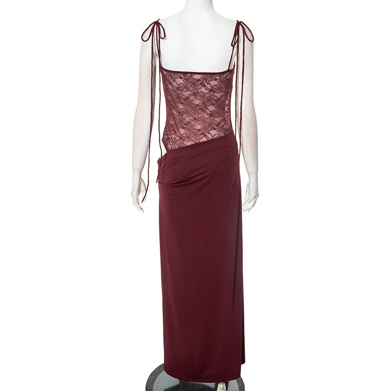 Lace-Panel Square-Neck Strappy Column Maxi Dress 12