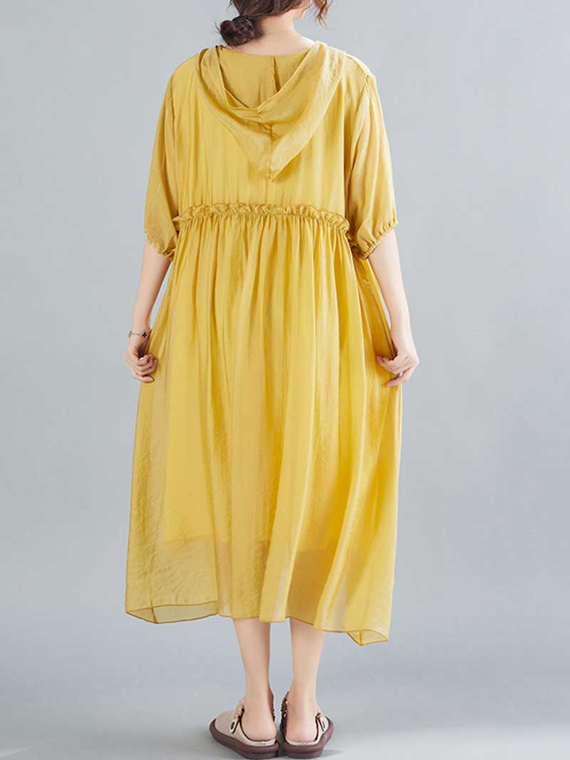 Plain Cotton Short Sleeves Hooded Style A-Line Dress 5