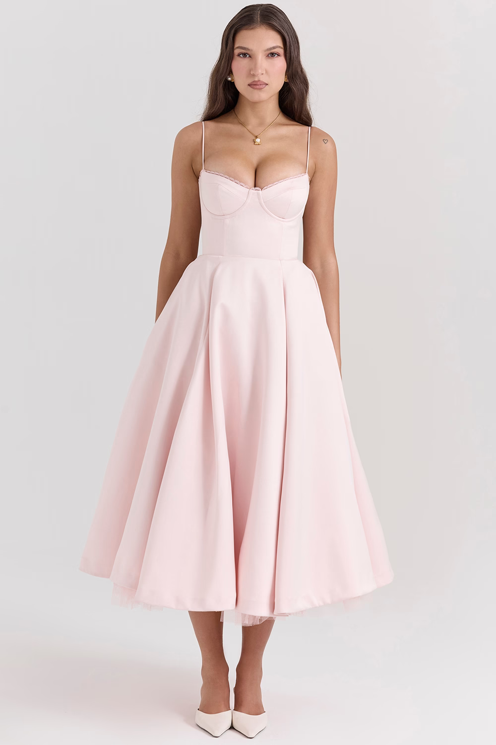 Spaghetti Strap Sweetheart Lace Trim Corset A-Line Midi Dress - View 4