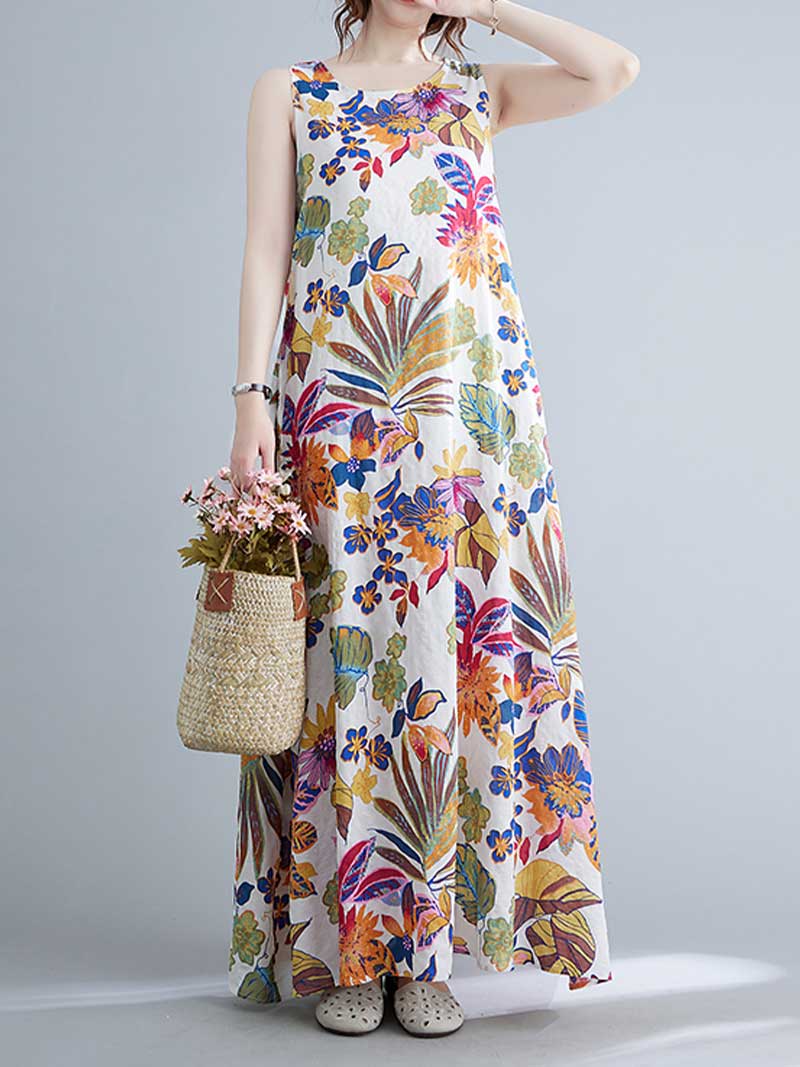 Sleeveless Cotton Floral A-Line Dress - Fashionpara