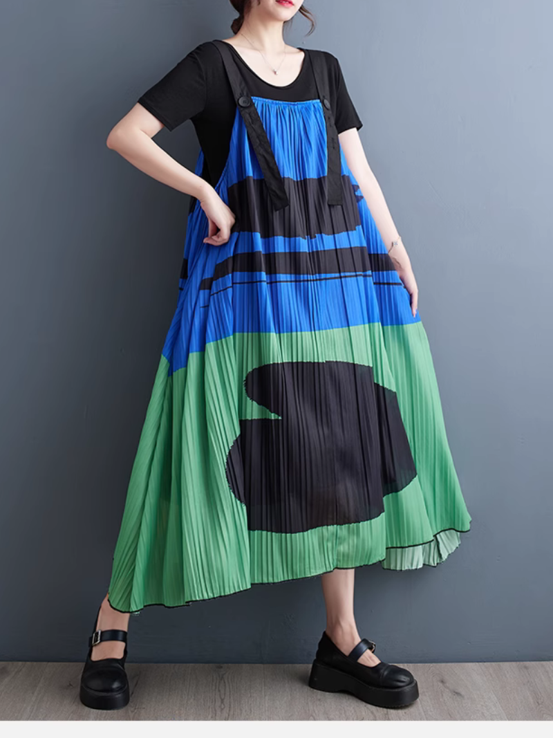 Abstract Print Square Neck Pleated Pinafore Midi Dress 4