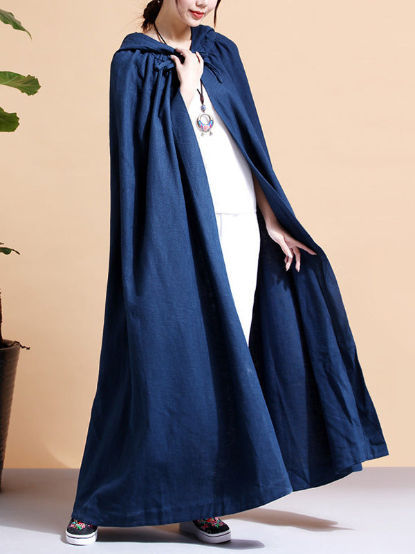 Solid Color Hooded Linen Cape Coat 12