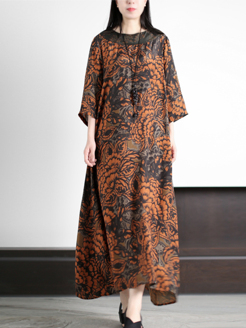 Floral Damask Round-Neck Batwing Loose A-Line Maxi Dress
