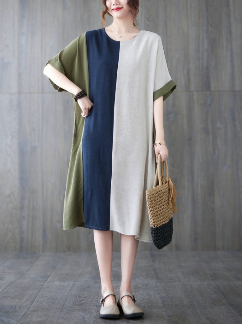 Round Neck Short Sleeve Contrast Panel Shift Midi Dress 7