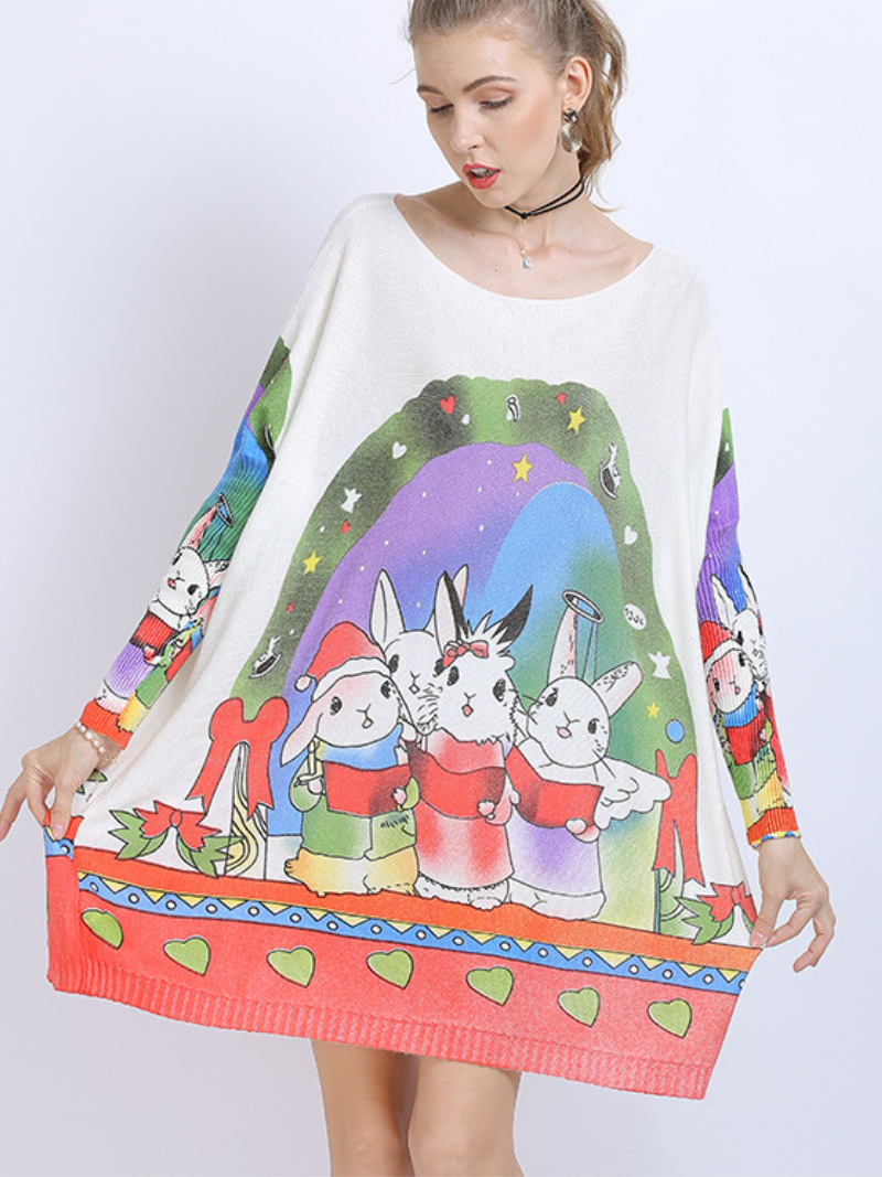 Large Size midi length Sweater Neck Rabbit Print Knit Sweater Tops - Fashionpara