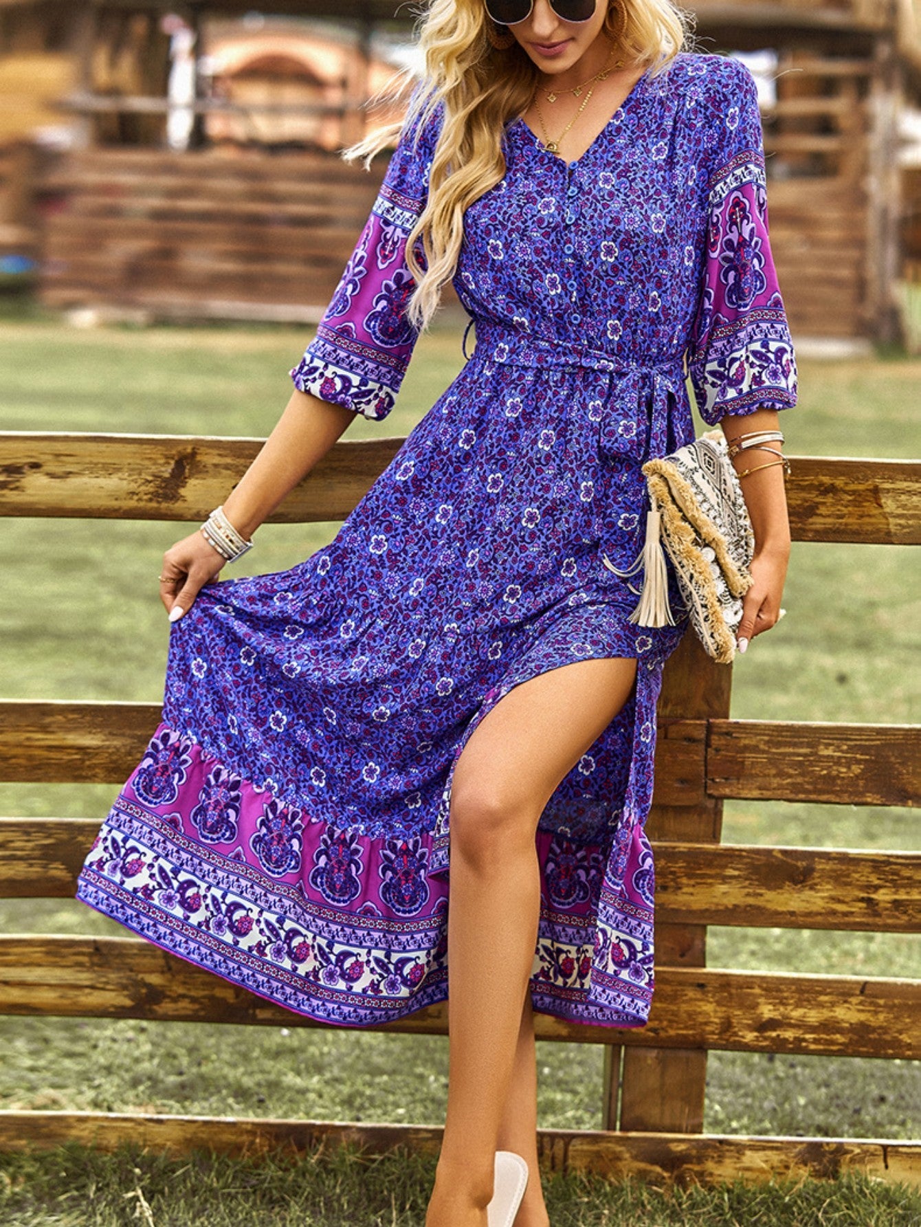 Pink A Line Floral Long Boho Dress - Fashionpara