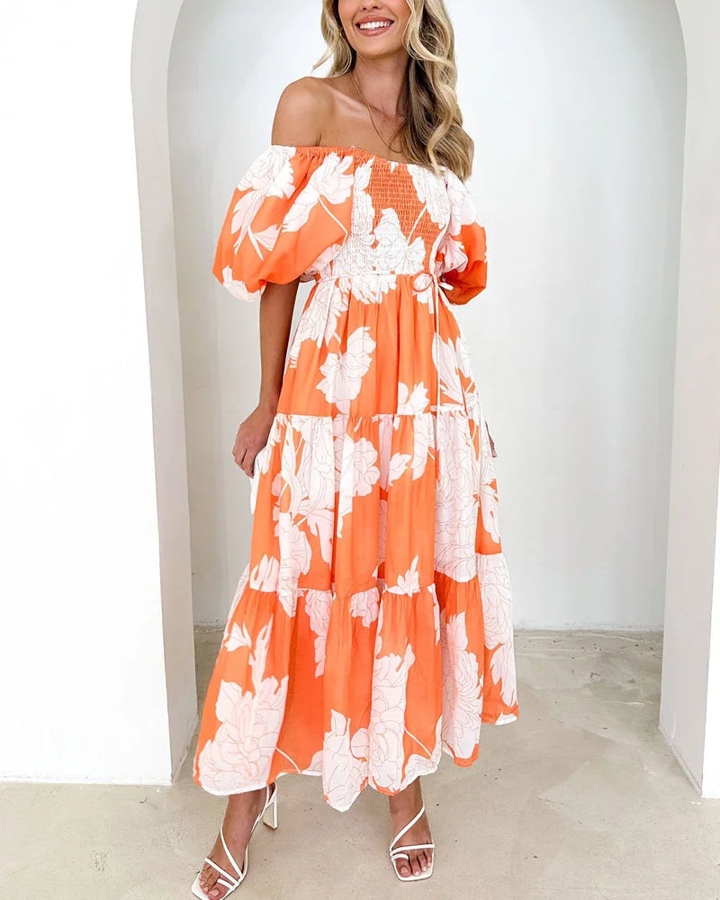 Elegant printed one-shoulder puff-sleeve dress - Fashionpara