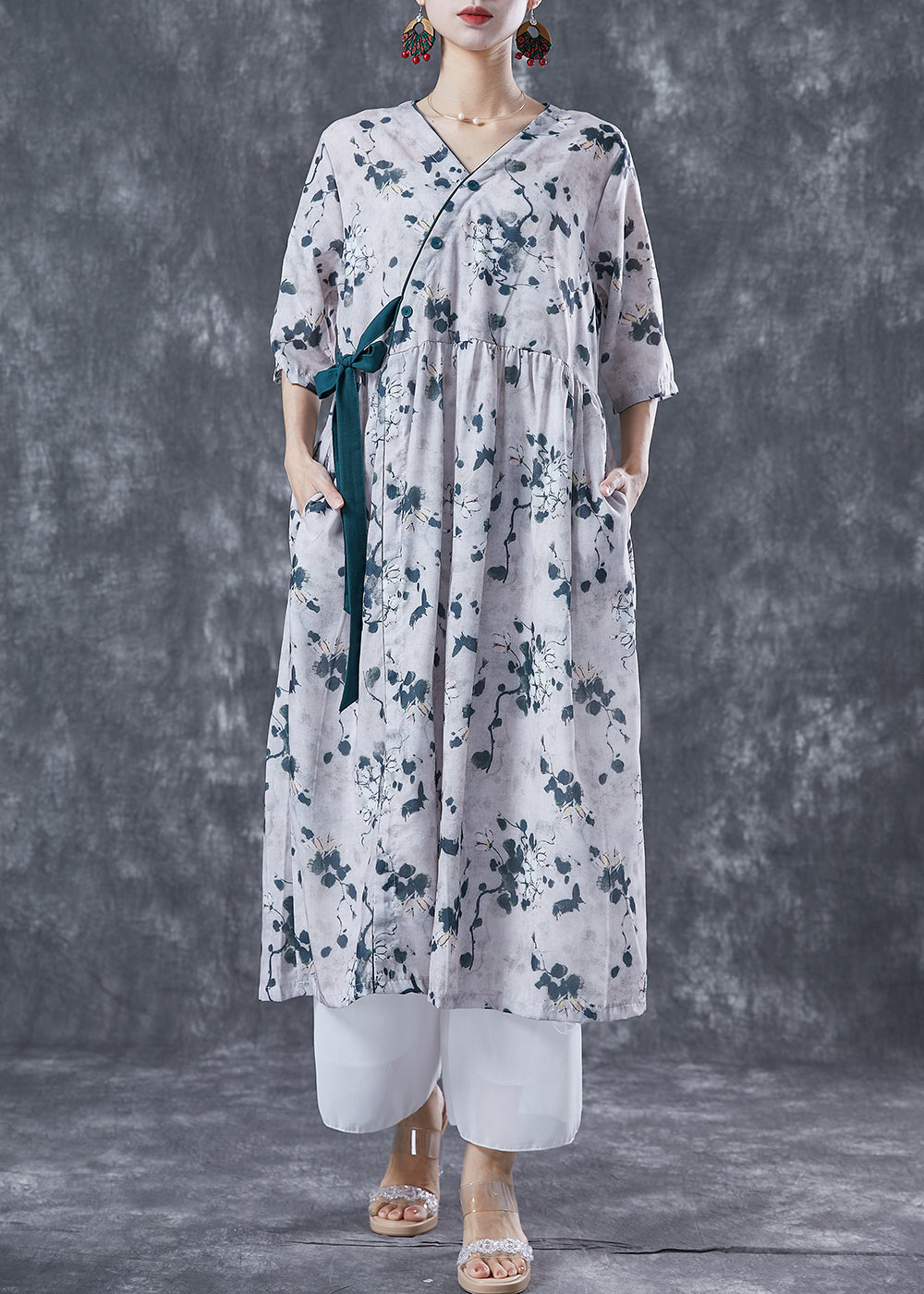 Floral Print V-Neck Wrap Side Tie Three Quarter Sleeve Midi Dress