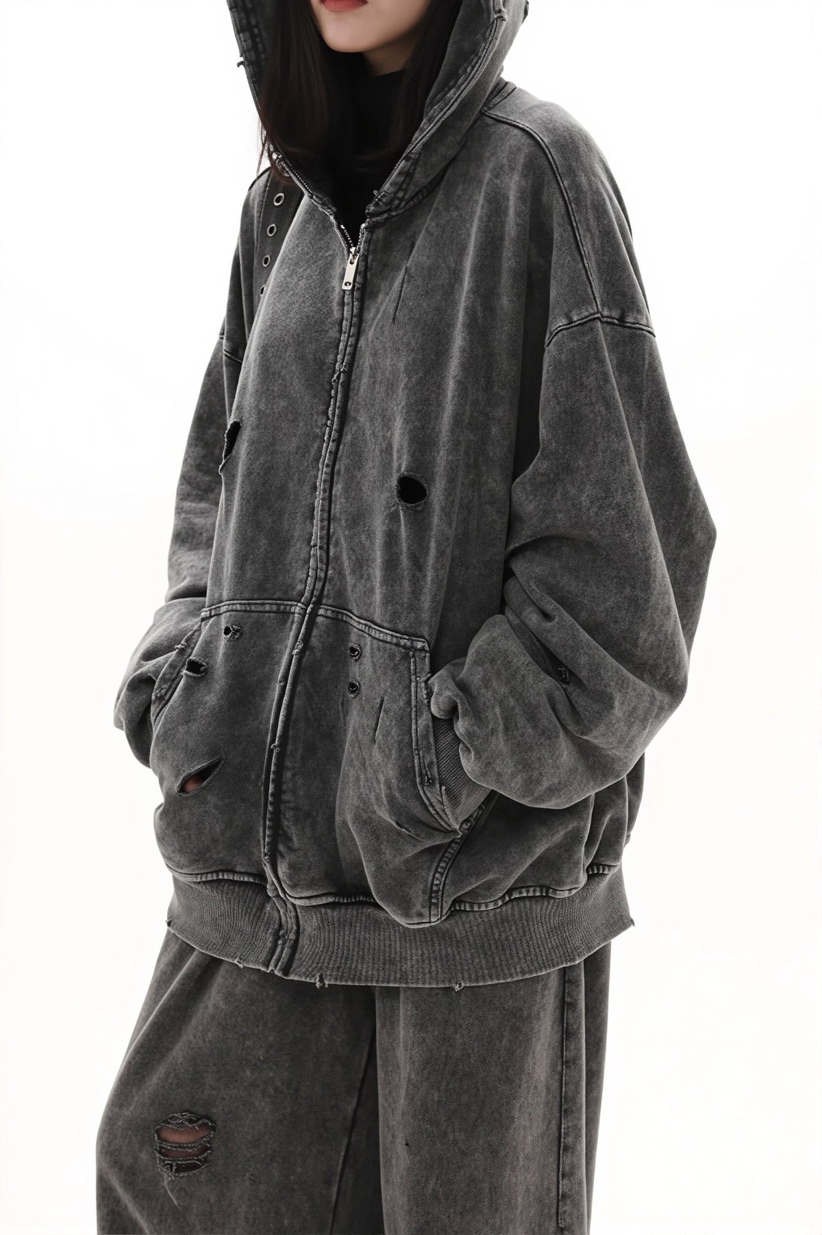 Solid Washed Distressed Hoodie