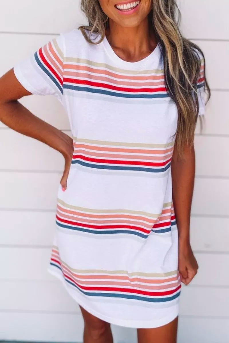 Basic O Neck Striped White Mini Dress  Fashionpara