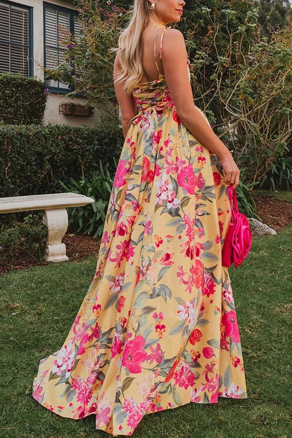 Garden Wedding Floral Print Back Tie-up Pocketed Slit Maxi Dress - Fashionpara