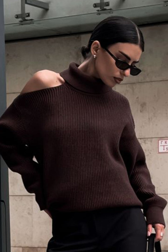 Off Shoulder High Neck Knit Sweater