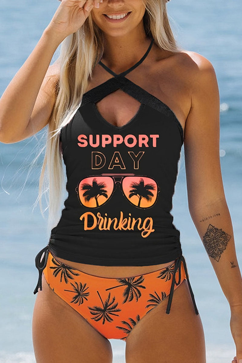 Simple resort style yellow bottom black coconut tree halterneck two-piece swimsuit - Fashionpara