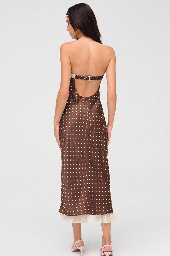 Polka Dot Strapless Tie-Front Satin Slip Maxi Dress