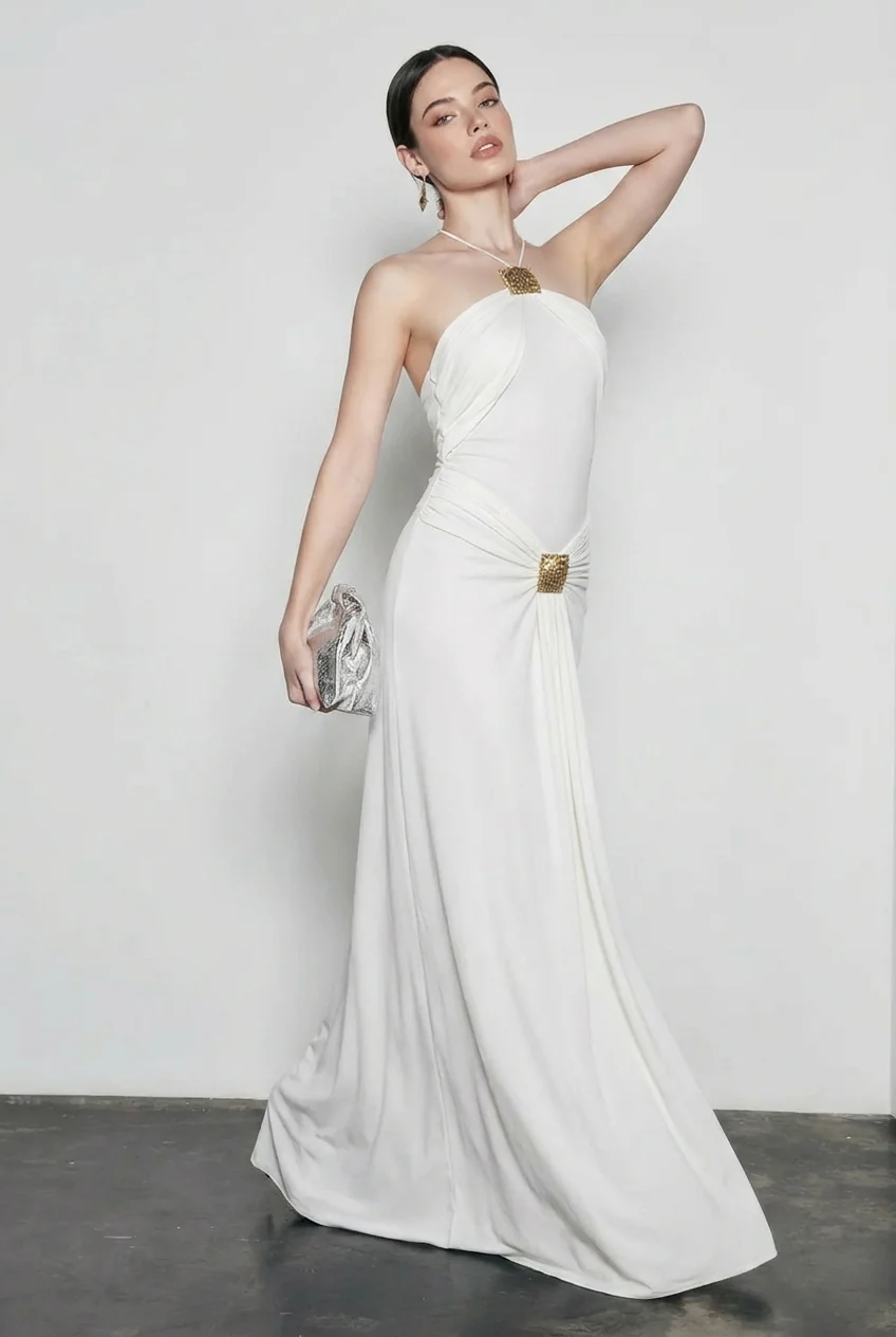 Embellished Halter Neck Ruched Draped Maxi Gown