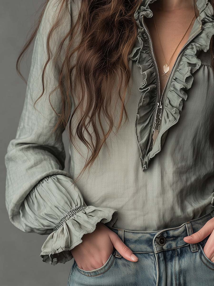 Vintage Ruffled Half-Zip Boho Blouse