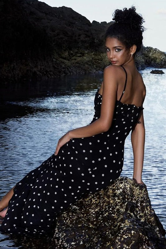 Polka Dot Floral-Trim Spaghetti Strap Mermaid Maxi Dress