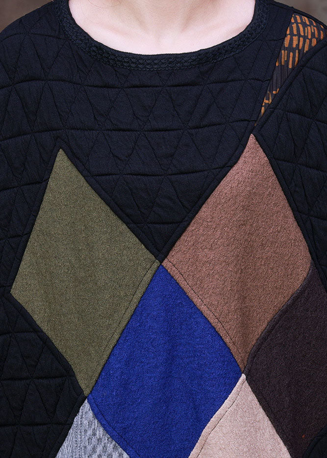 Quilted Geometric Patchwork Round Neck Long Sleeve Maxi Dress - View 5