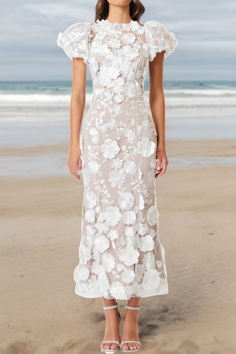3D Lace Flower Crew Neck Puff Sleeve Midi Dress - Fashionpara