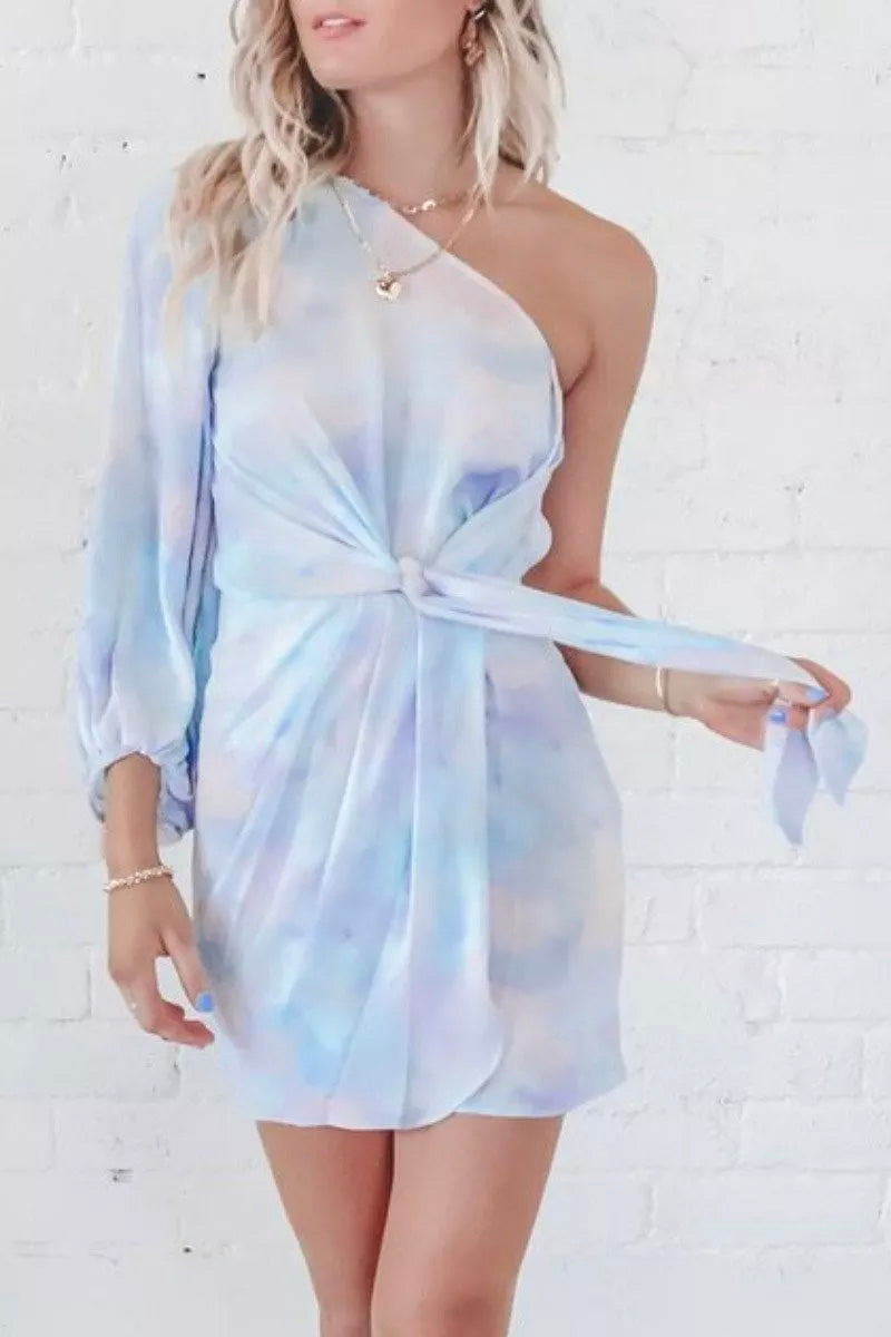 One Shoulder Tie-dye Baby Blue Mini Dress Fashionpara