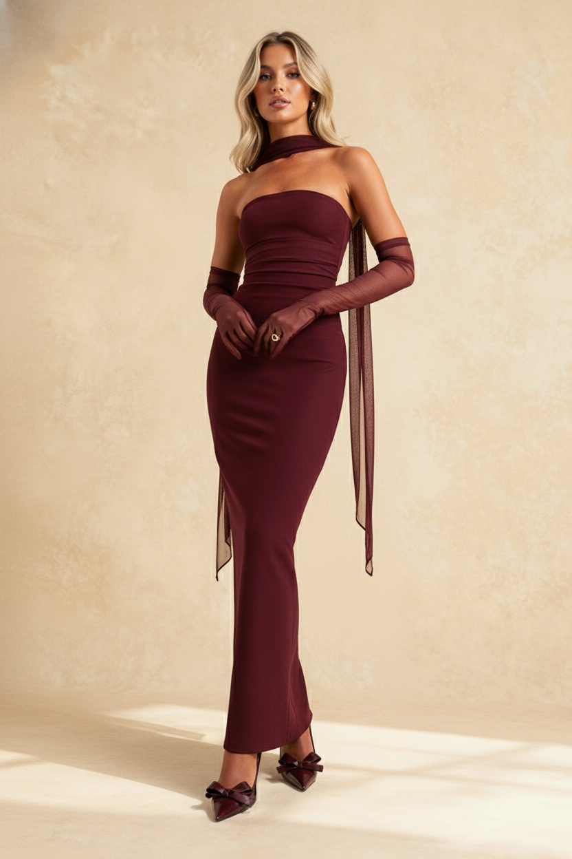 Hudson Maxi Dress With Stole And Gloves - Maroon