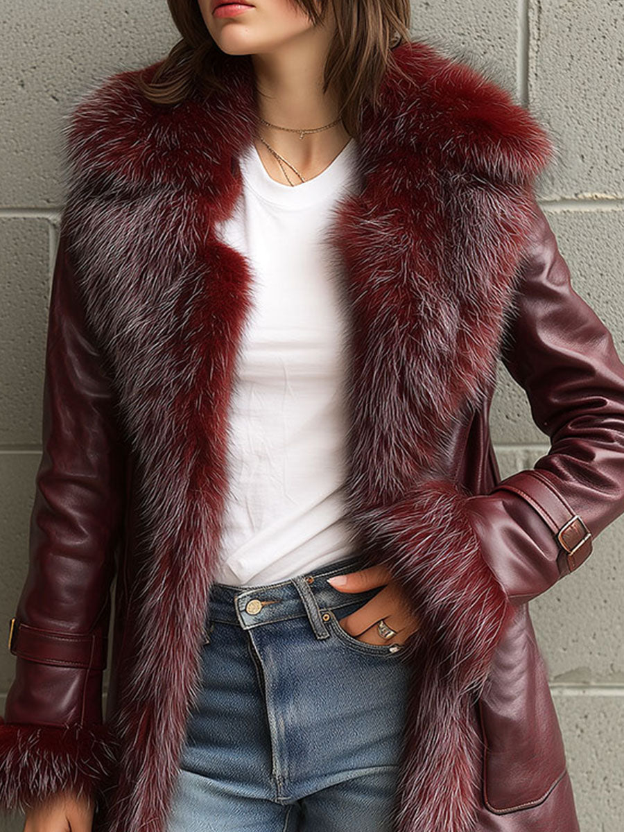 Vintage Burgundy Eco Leather Trench Coat With Eco Fur Collar & Cuffs - Fashionpara
