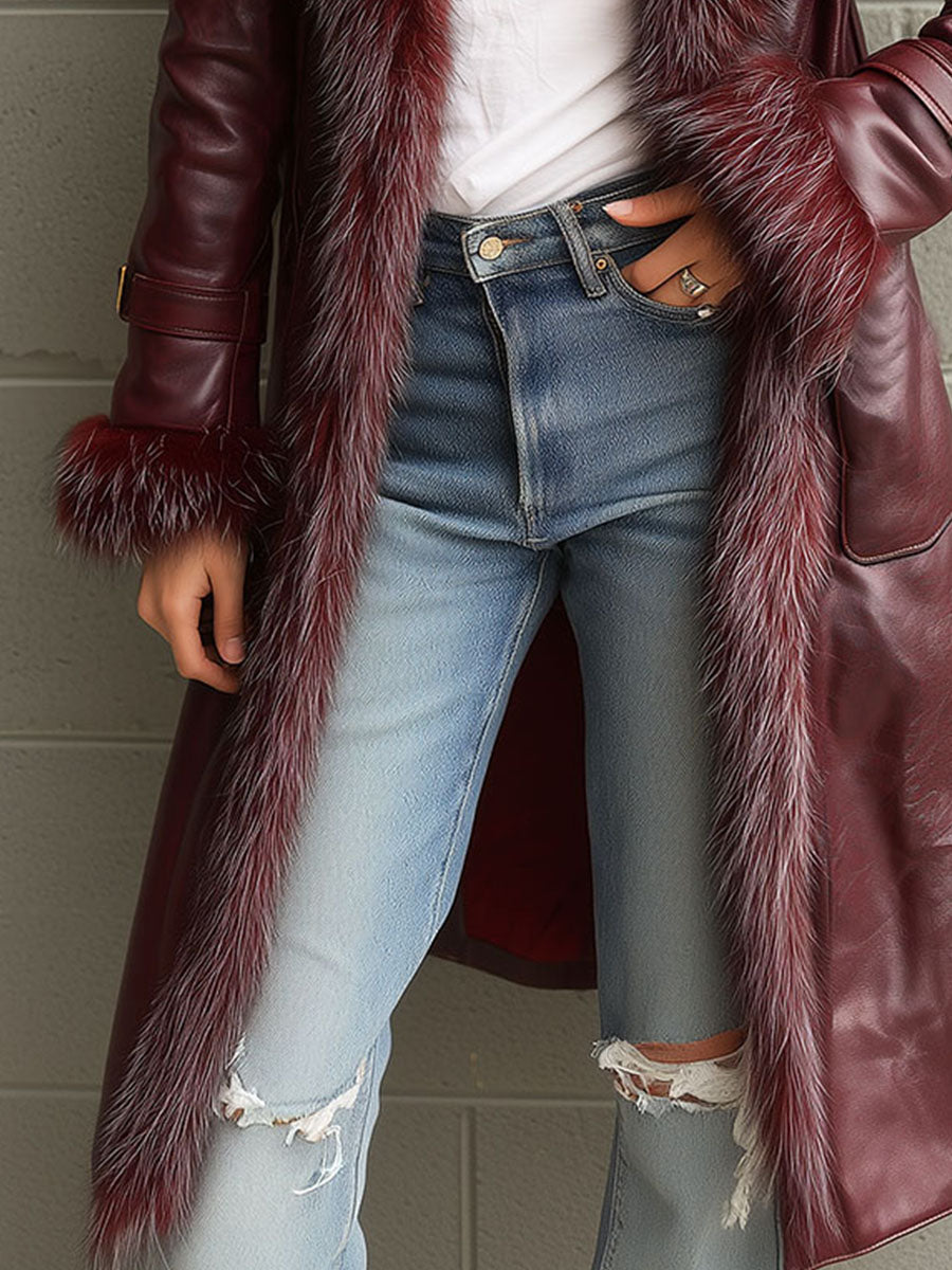 Vintage Burgundy Eco Leather Trench Coat With Eco Fur Collar & Cuffs - Fashionpara