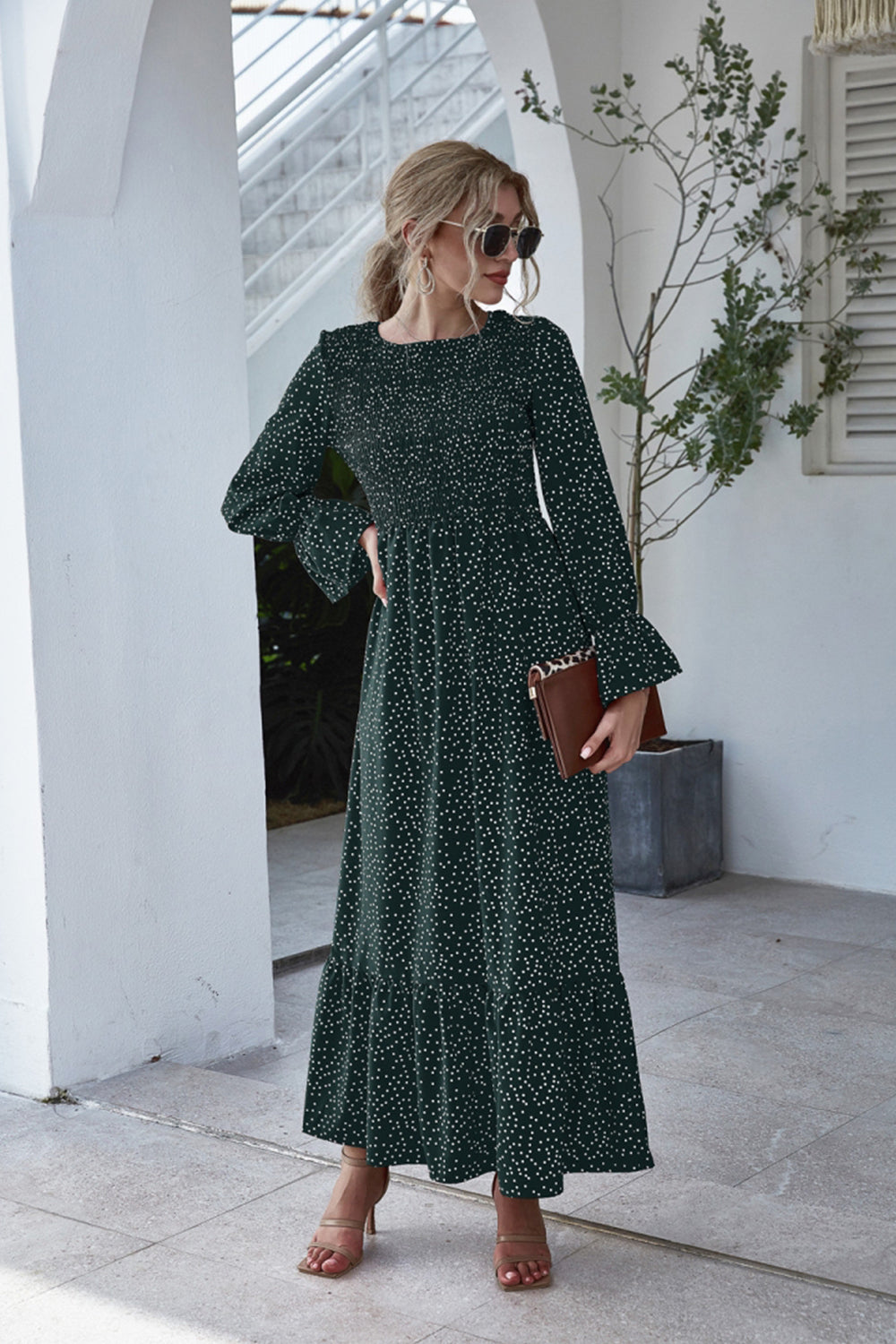 Printed Polka Dot Long Sleeve Dress - Fashionpara