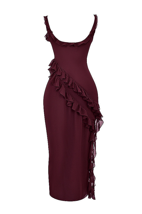 Square Neck Ruffle Strap High Split Asymmetrical Cascade Maxi Dress - View 21