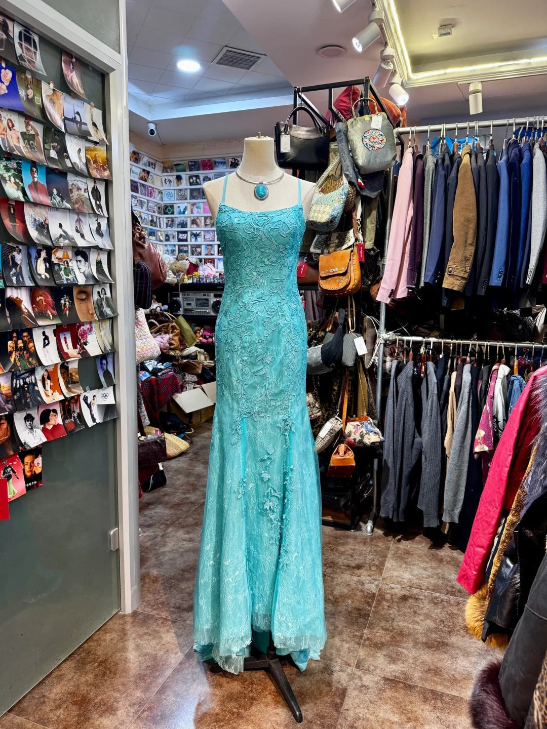 Elegant Lake Blue Mermaid Halter-neck Lace Long Prom Dress Evening Dress P4140