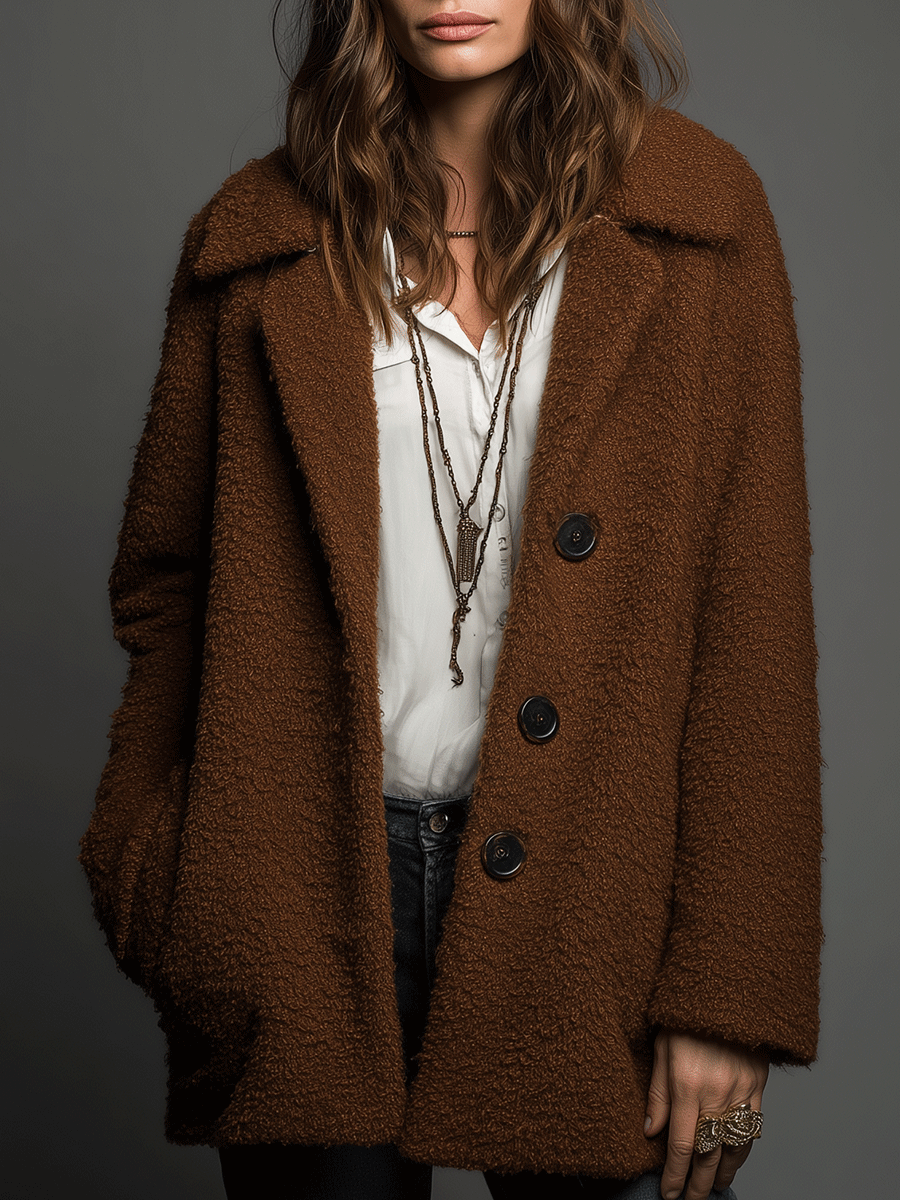 Vintage Cozy Brown Teddy Textured Coat - Fashionpara