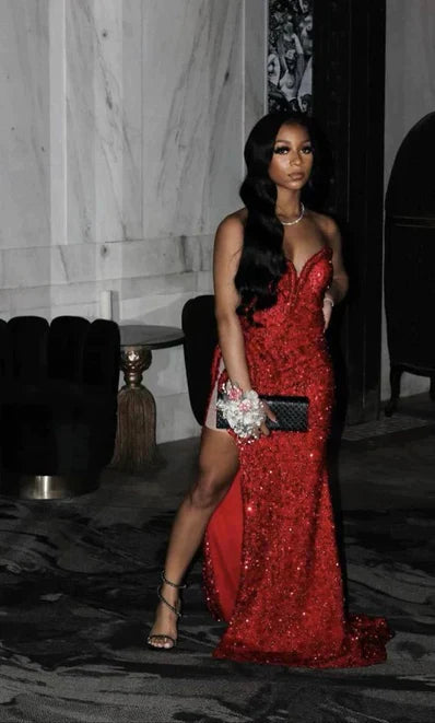 sequin red prom dress,modest evening dresses - Fashionpara