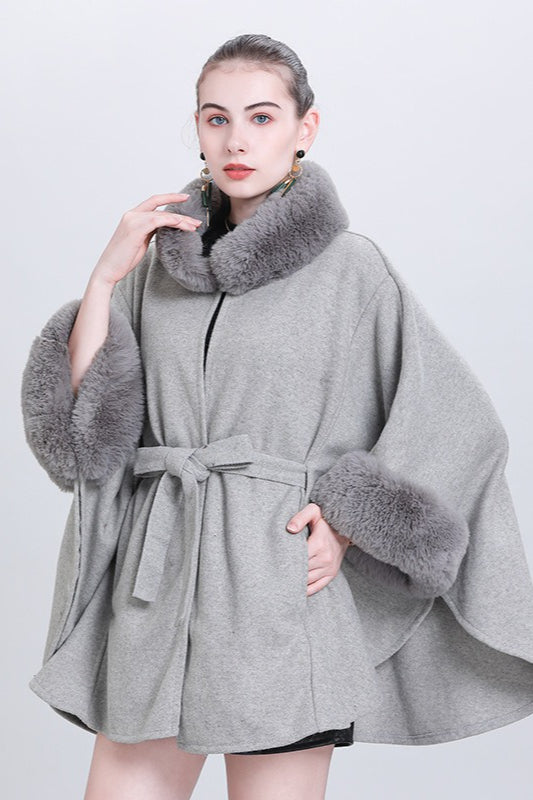 Fur Collar Tie Knitted Cardigan Loose Wool Blend Cape Coat