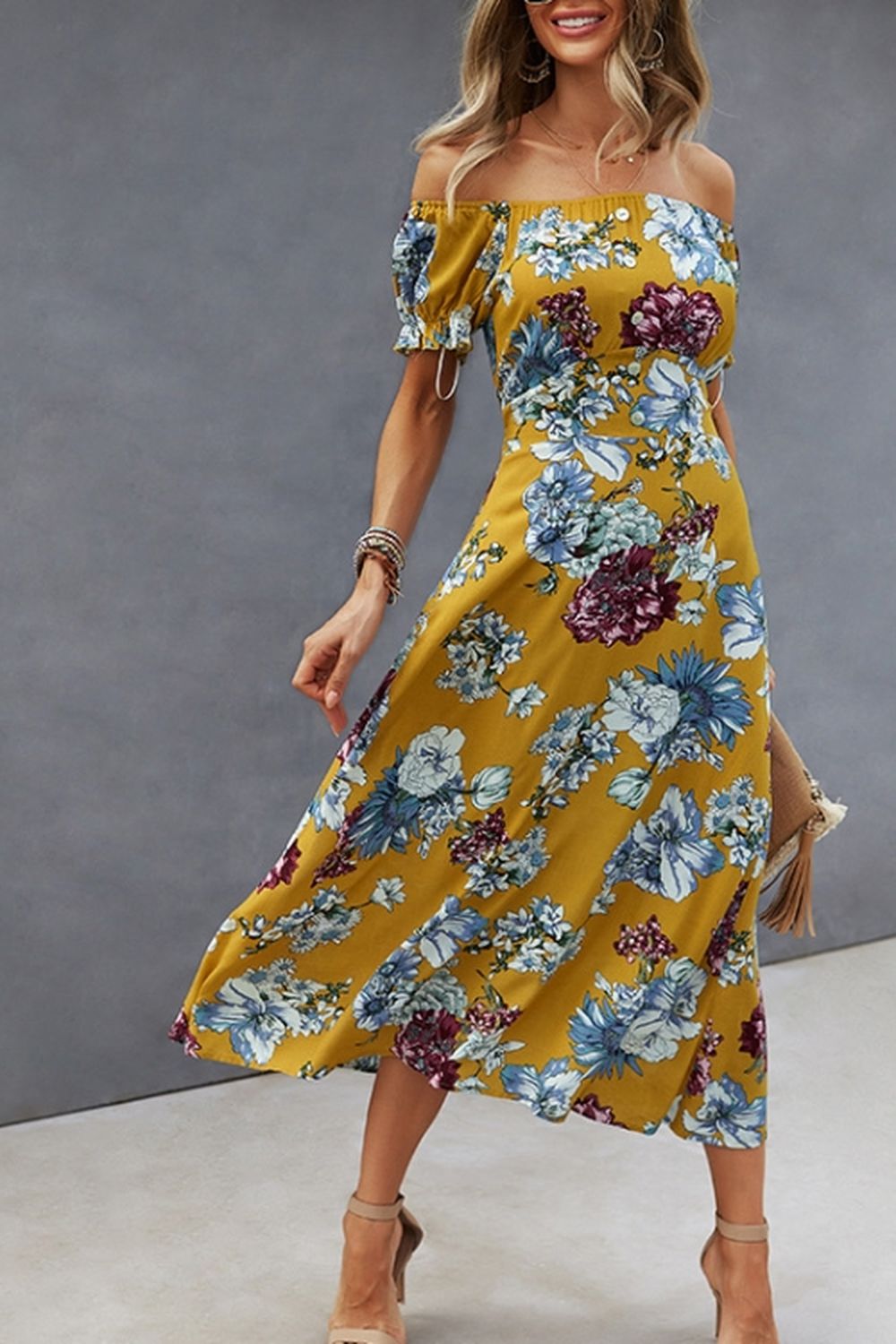 Off-Shoulder Print Big Swing Dress - Fashionpara