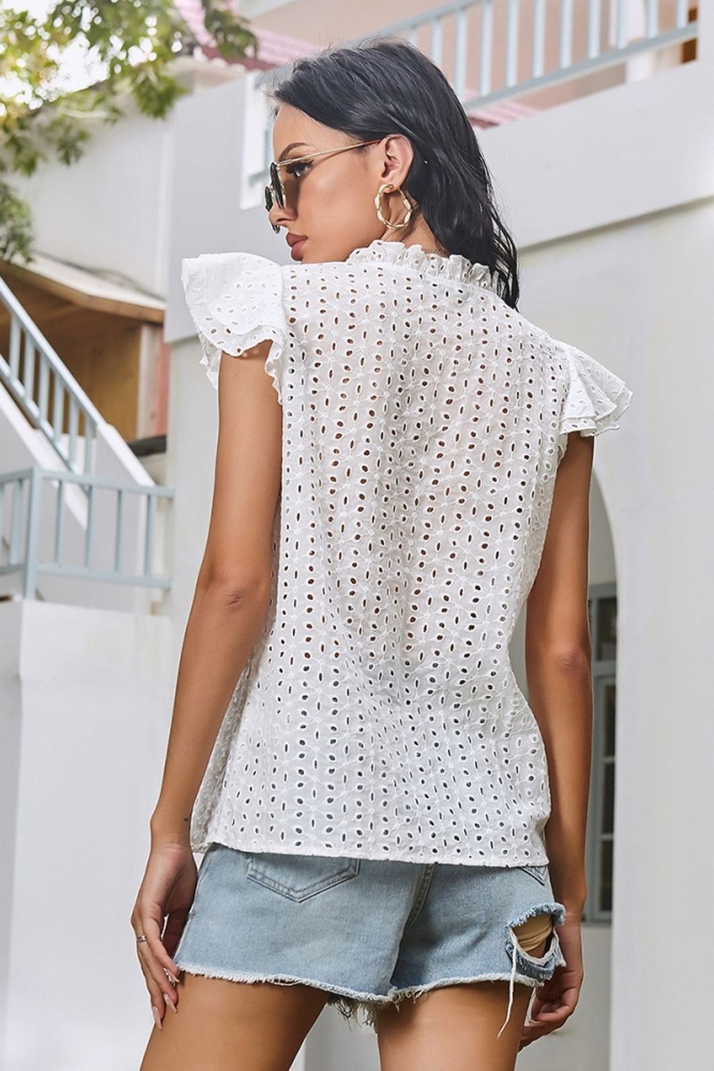 Hollow Tie Ruffle Sleeve Shirt