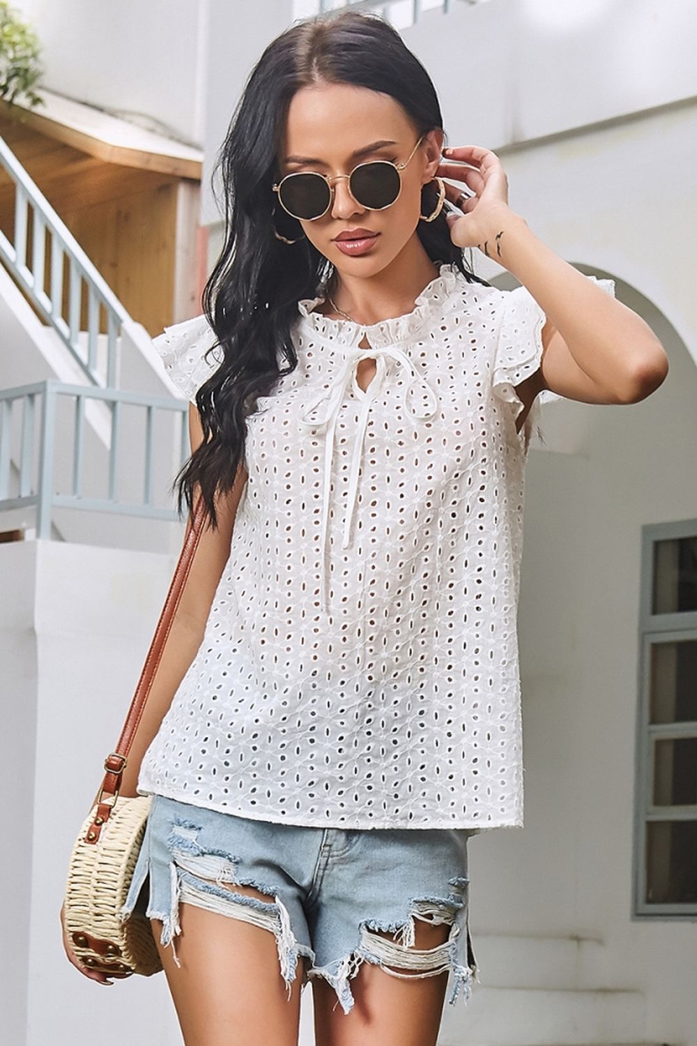 Hollow Tie Ruffle Sleeve Shirt
