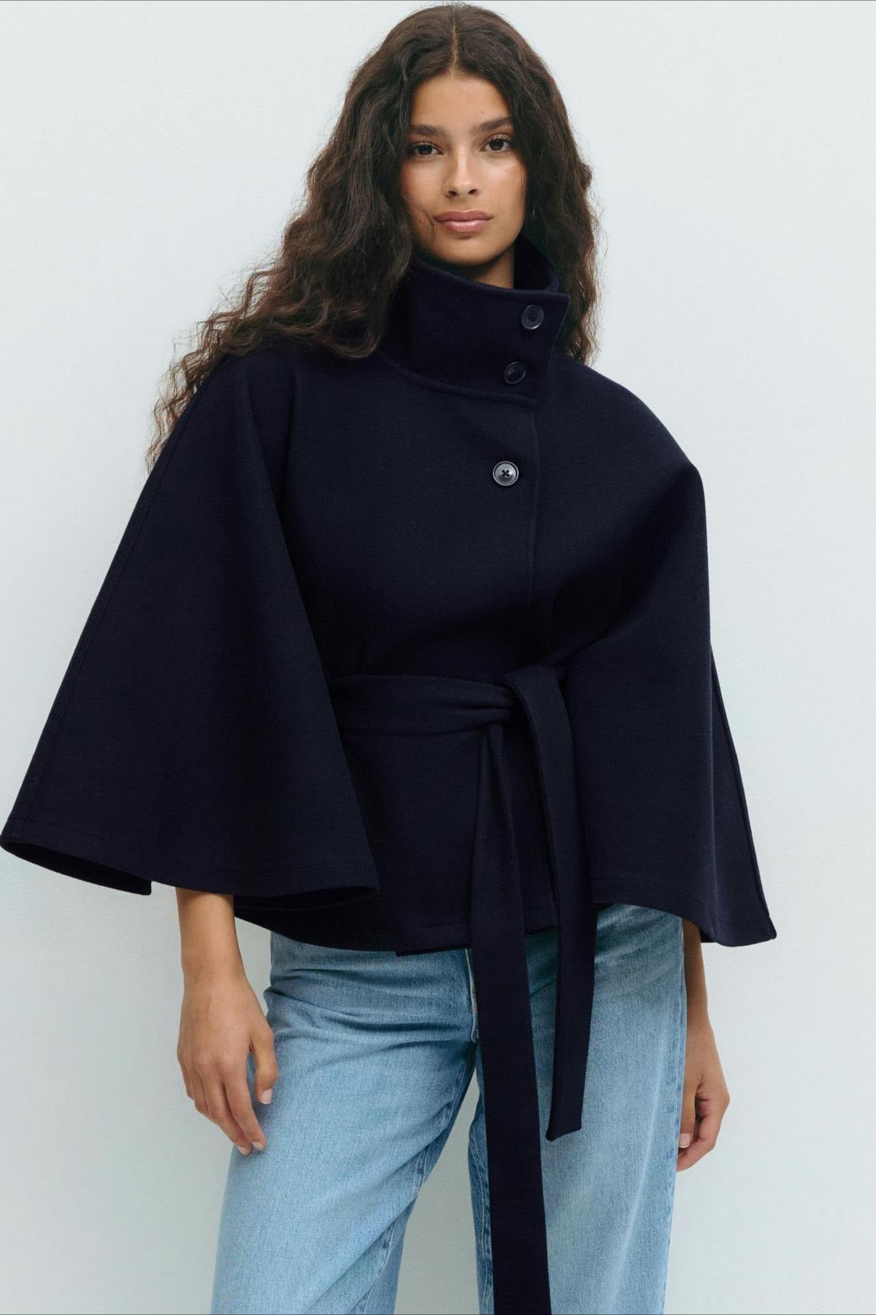 High Neck Button Detail Batwing Sleeve Coat - Fashionpara