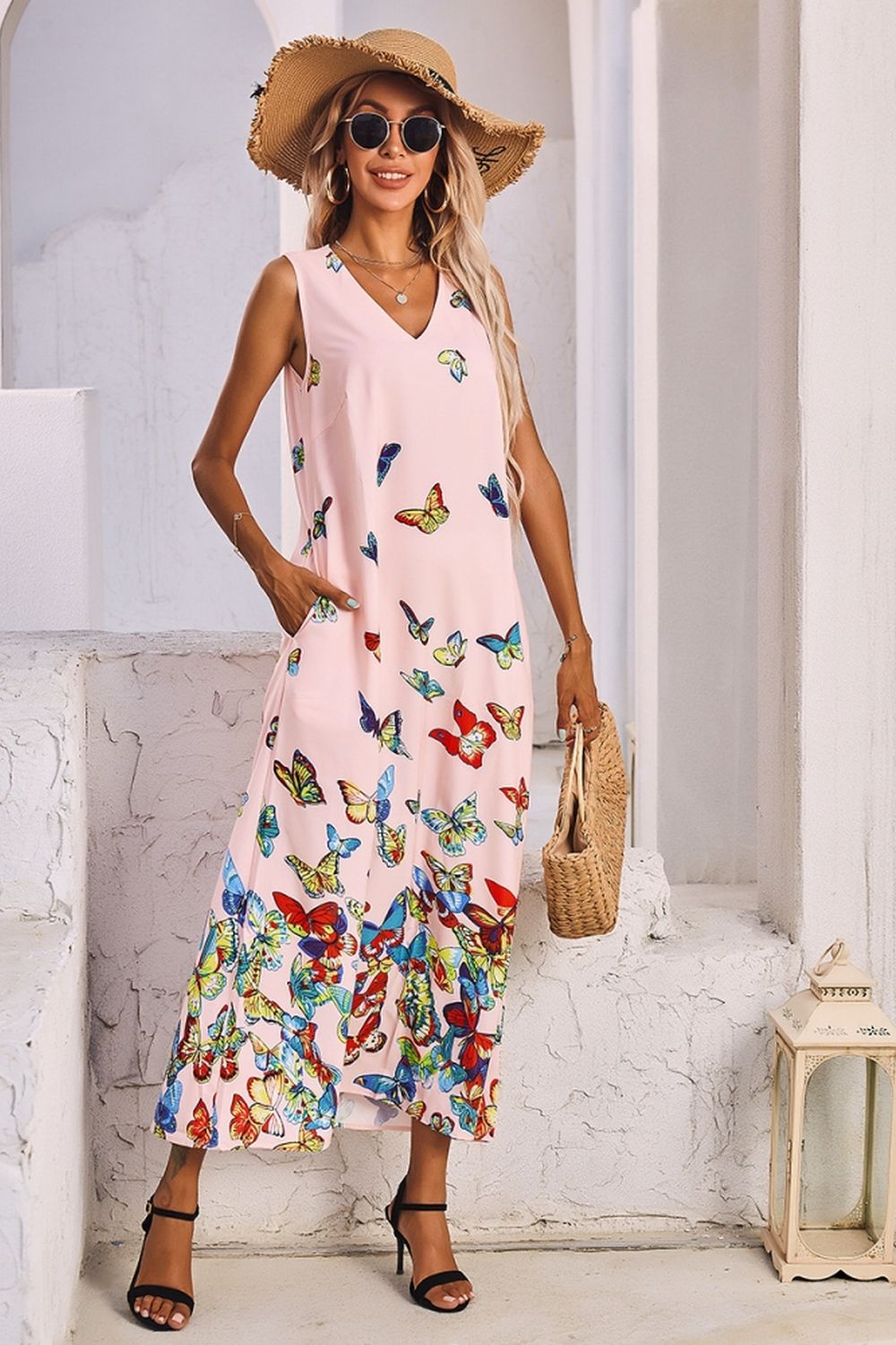 V-Neck Butterfly Print Sleeveless Dress
