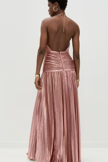 Metallic Pleated Slit Tie Halter Sleeveless Formal Dress