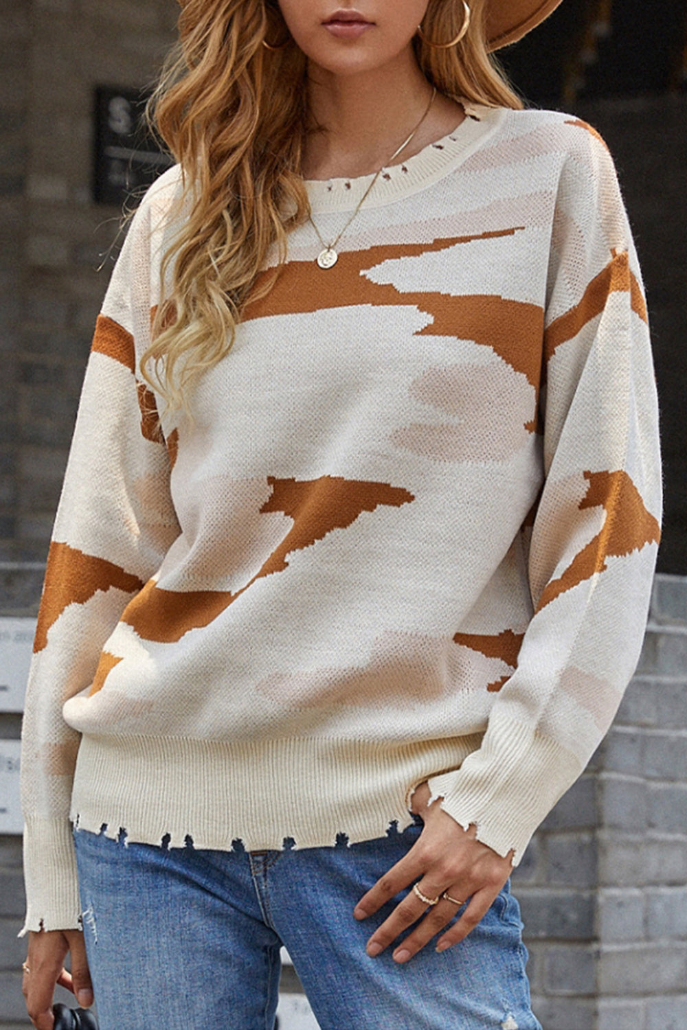 RadyRin Camouflage Ripped Fringed Sweater for Stylish Comfort