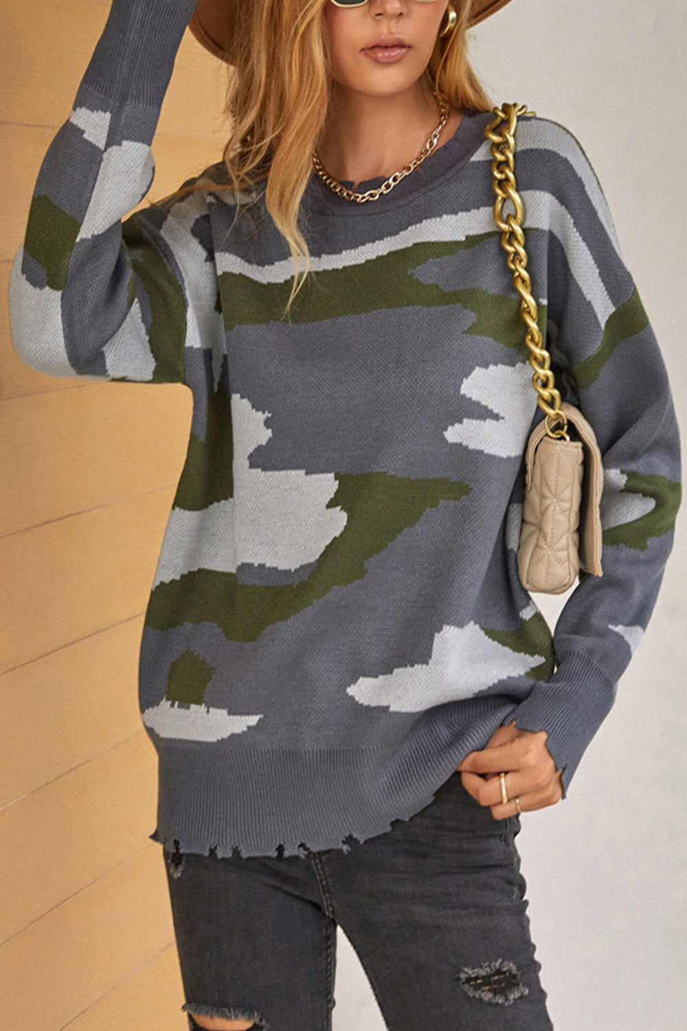 RadyRin Camouflage Ripped Fringed Sweater for Stylish Comfort