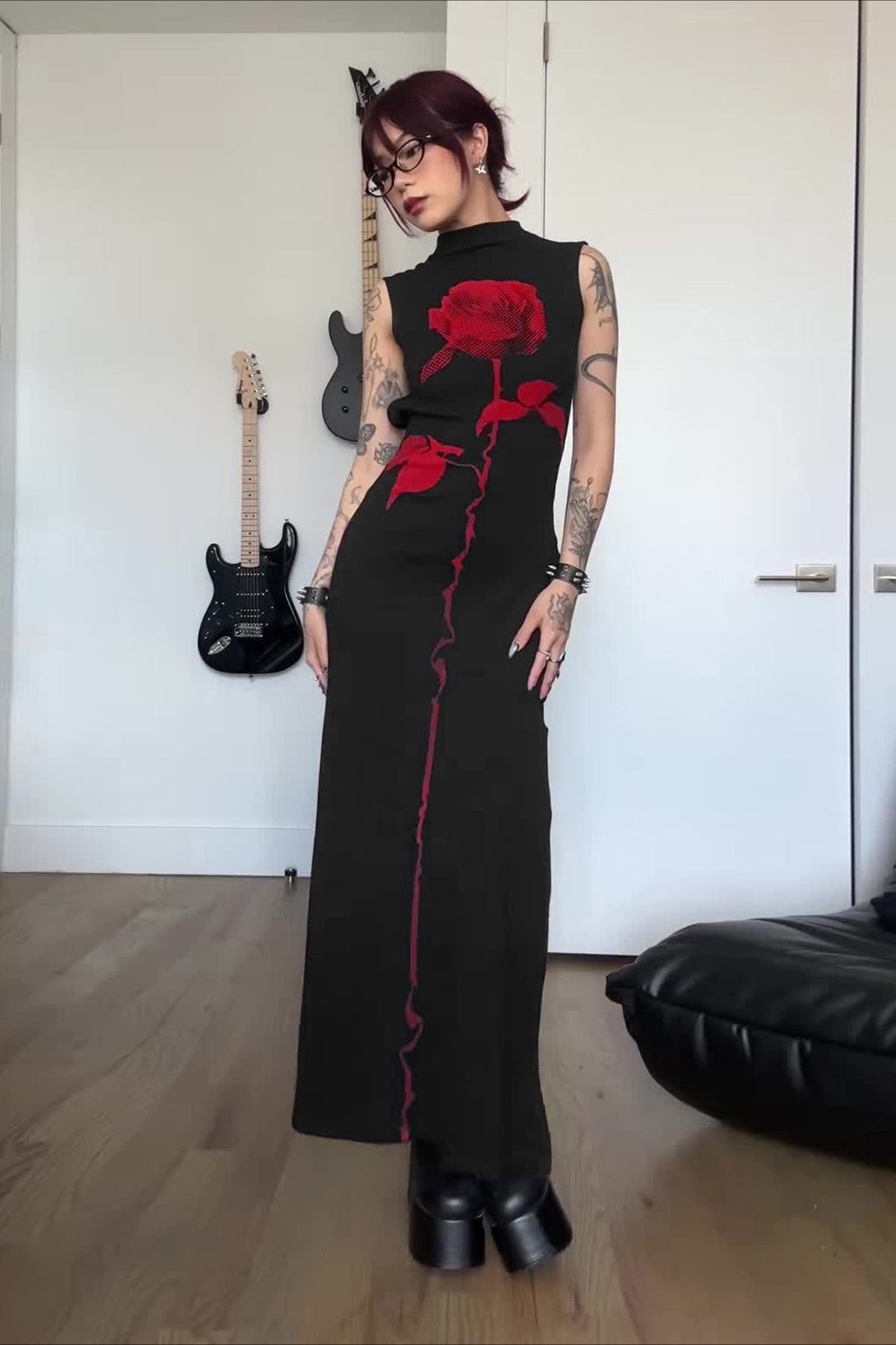 Dark Rose Floral High Neck Sleeveless Side Slit Bodycon Maxi Dress