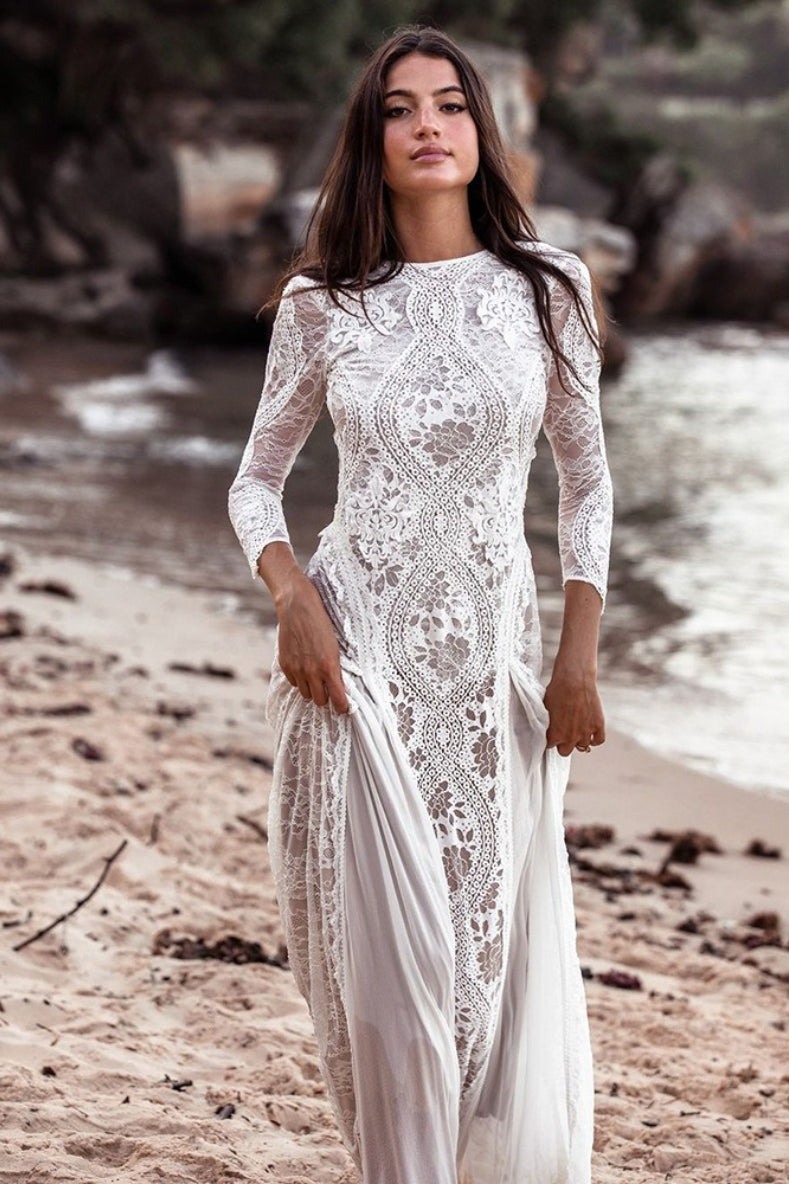 Lace Round Neck Long Sleeve High Split Maxi Dress - View 2
