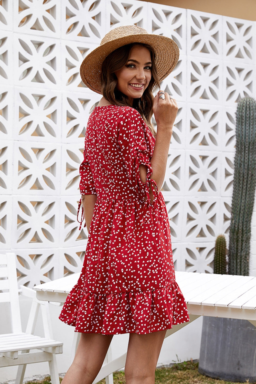 V-neck Print Lace Dress - Fashionpara