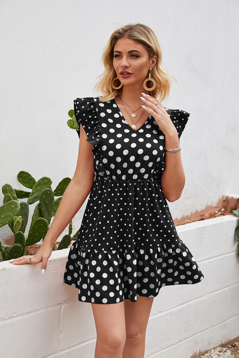 Polka Dot Stitching Ruffle Dress