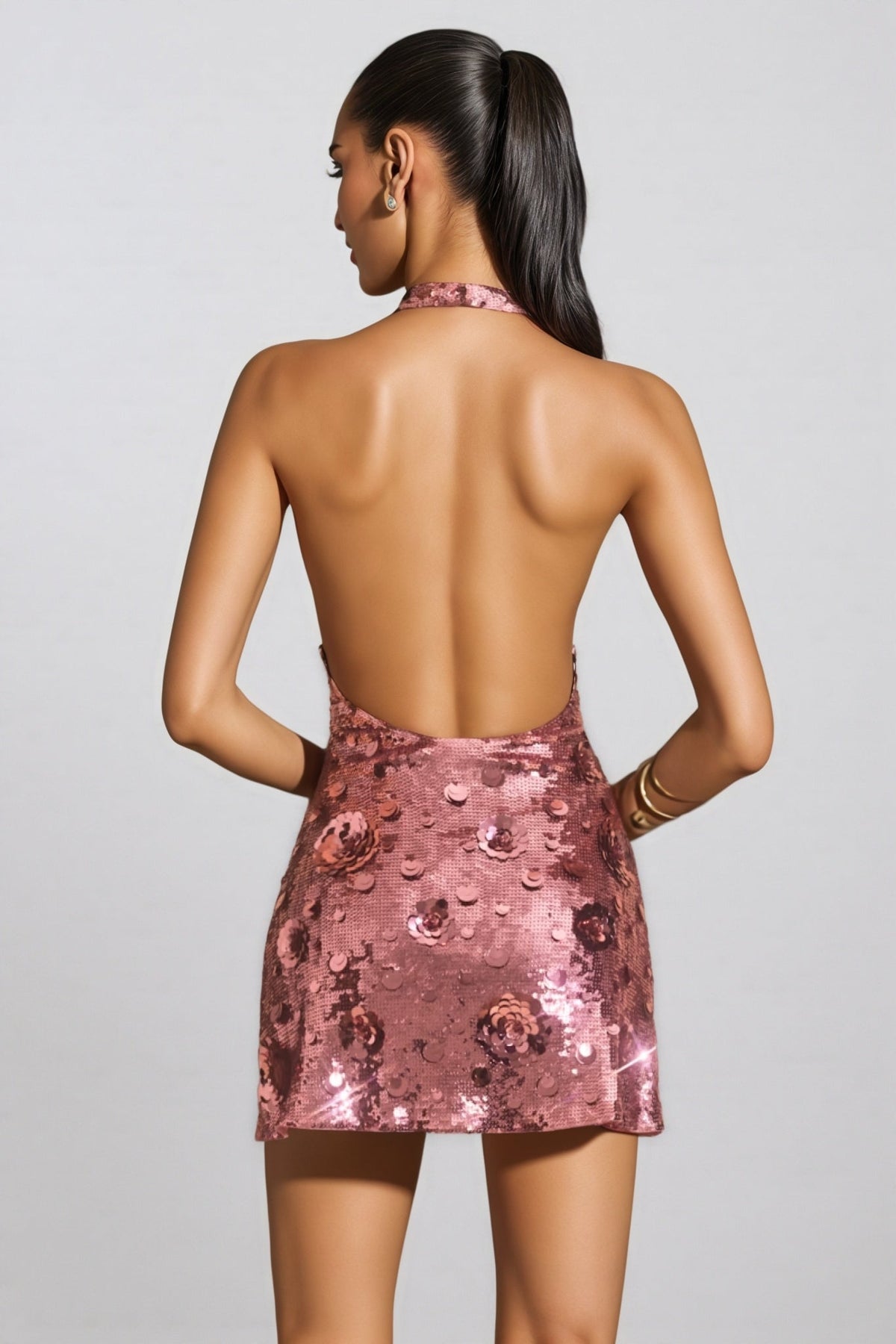 Sequin Halter Neck Deep V-Neck Backless Bodycon Mini Dress - View 6