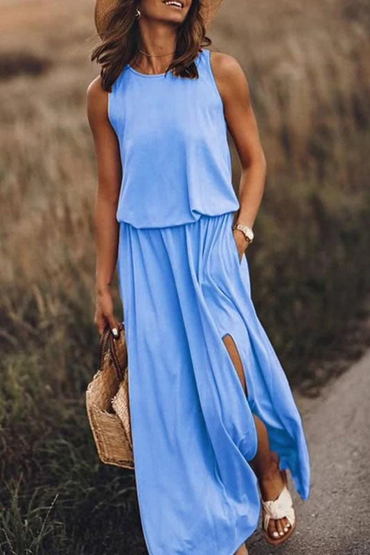 Round Neck Sleeveless Split Solid Maxi Dress