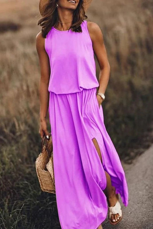 Round Neck Sleeveless Split Solid Maxi Dress